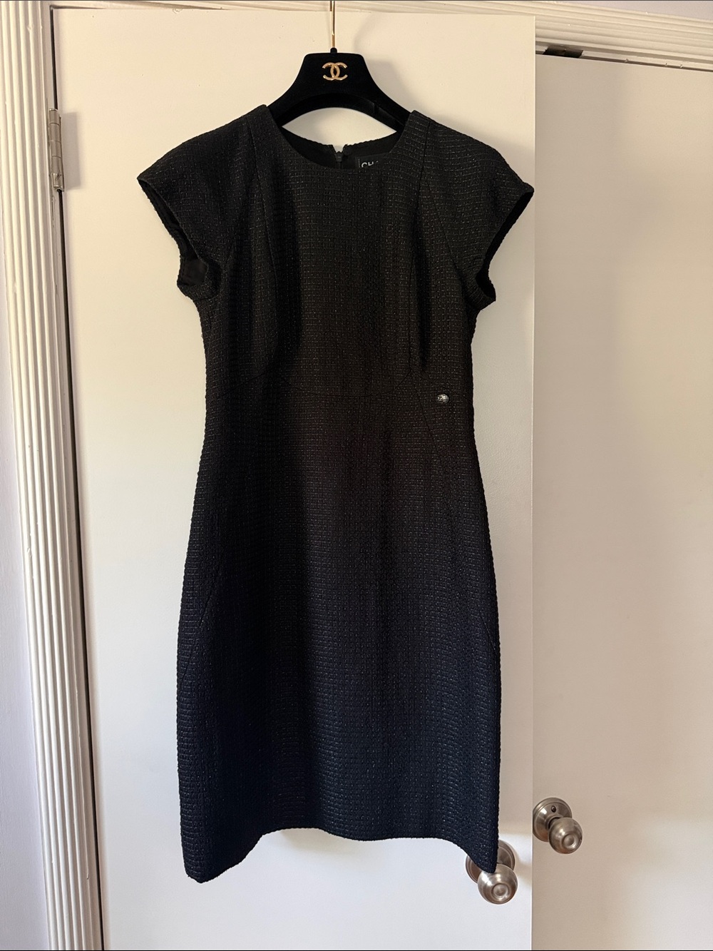 CHANEL Black Textured Cap-Sleeve Midi Dress